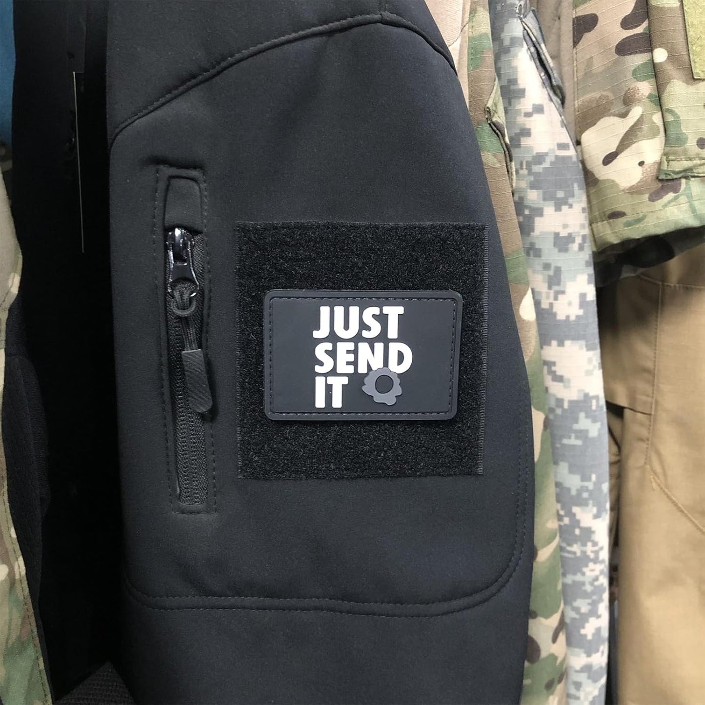 Just Send It Sniper Rubber Tactical Patch 2.95x2 inches with Hook Fastener Back for Hats Caps Clothing Vests Bags Backpacks (Tan)