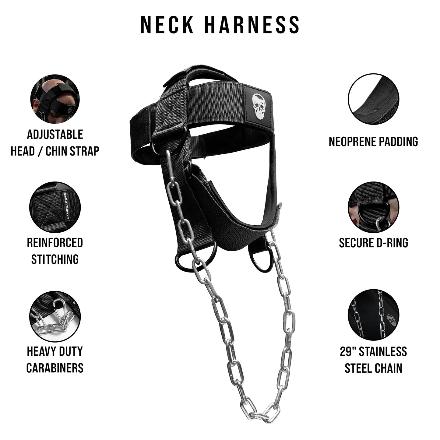 Gymreapers Neck Harness Weight Lifting - Neck Trainer Workout Equipment - Heavy Duty Stainless Steel Chain, Adjustable Neoprene Head Strap, Exercise Equipment for Strength & Pain Relief
