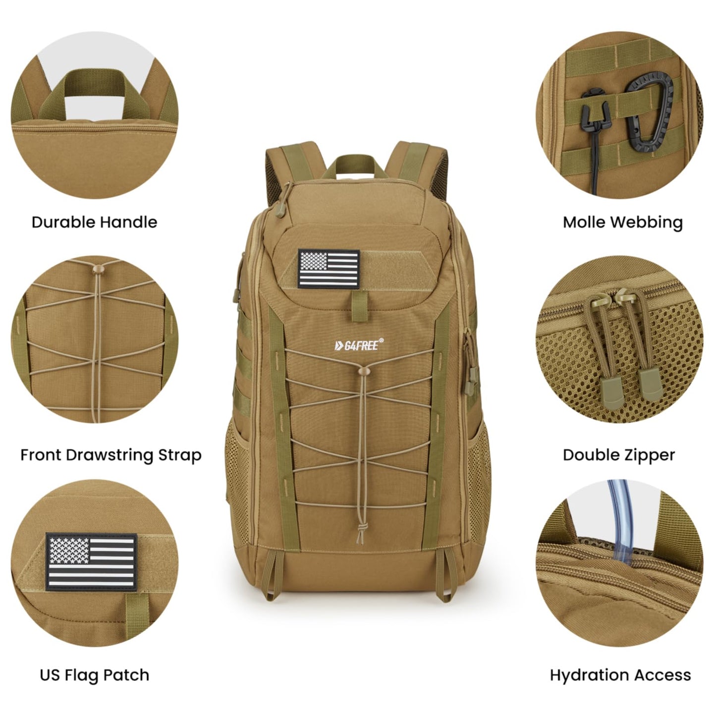 G4Free 45L Military Tactical Backpack 3 Day Assault Survival Molle Pack for Hiking Camping Traveling(Tan)