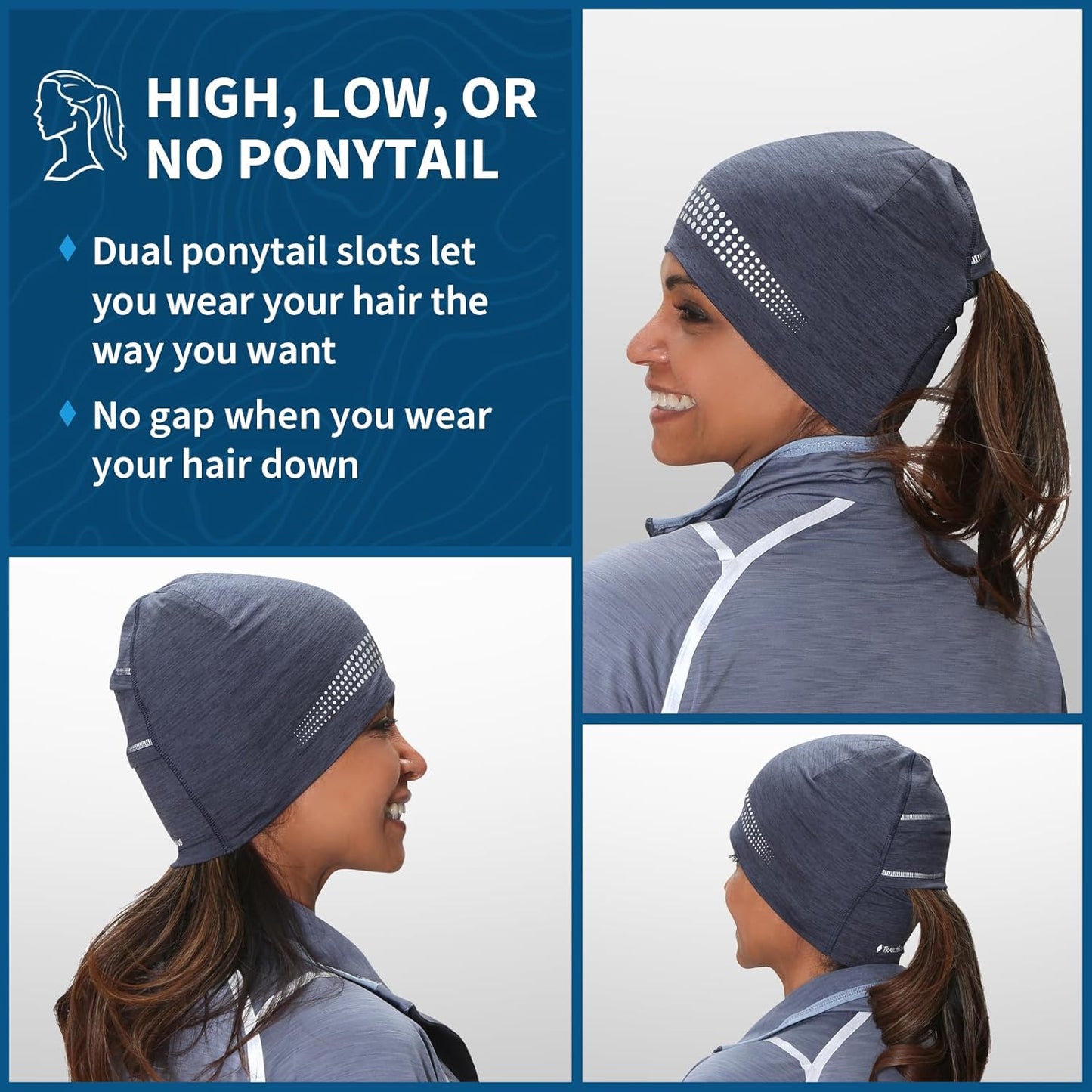 TrailHeads Ponytail Hat - Adrenaline Series | Women’s Running Beanie with Reflective Accents | Black Skull Cap