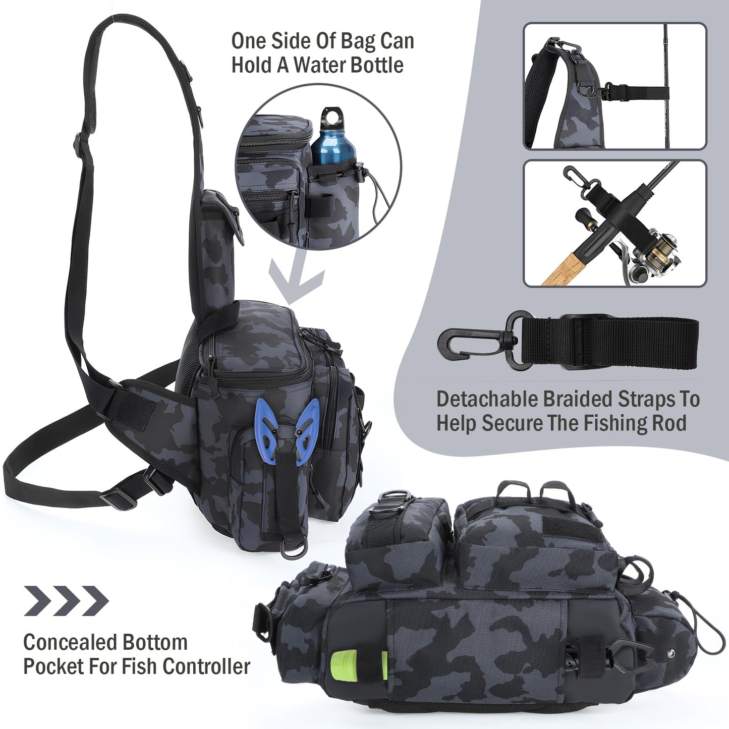 Fishing Bag, Fishing Tackle Storage Bag Chest Pack Rod Holder Shoulder Pack & Waist Bag Organizer with Belt & Shoulder Strap, Colorful Reflective Stripes for Hiking Fishing Camping (Black Camouflage)