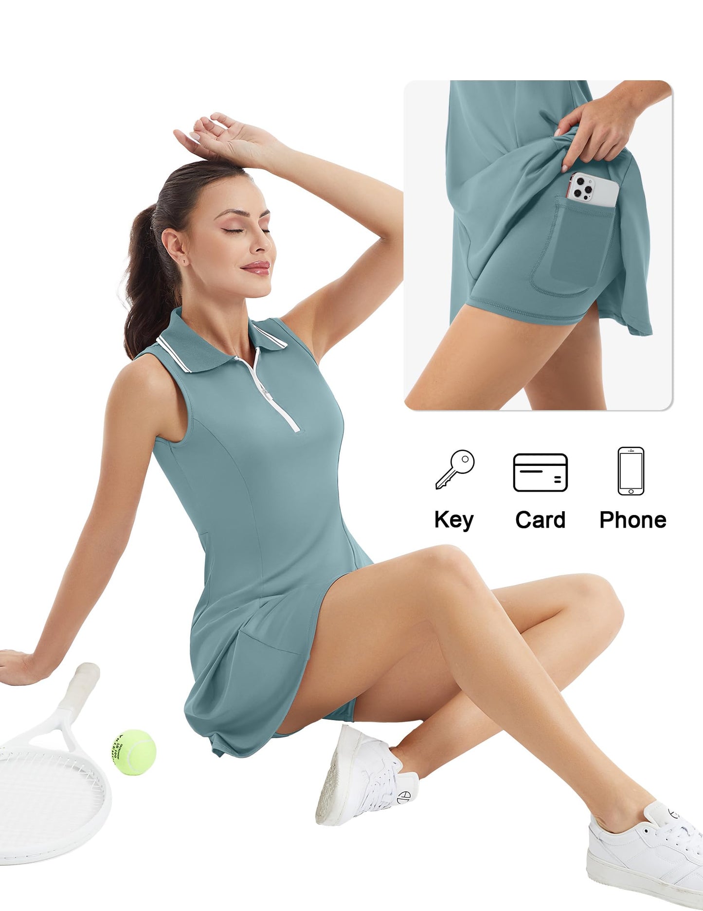 FKEEP Women's Tennis Golf Dress Sport Activewear Workout Athletic Zipper V-Neck with Shorts and Pocket (Lake Blue, L)
