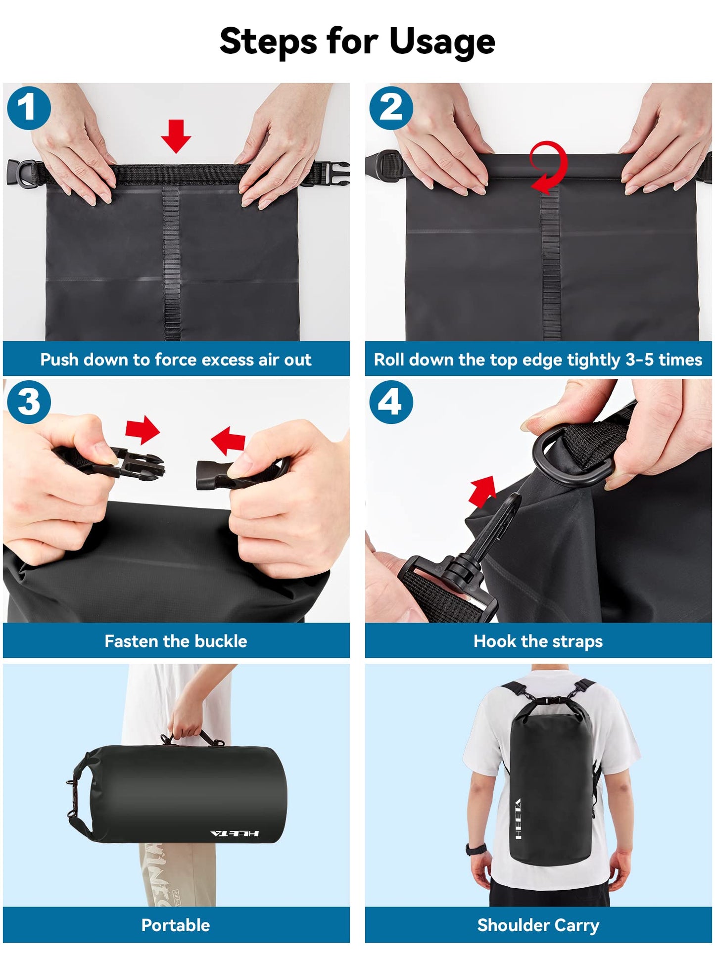 HEETA Waterproof Dry Bag for Women Men, Roll Top Lightweight Dry Storage Bag Backpack with Emergency Whistle for Travel, Kayaking, Boating, Camping, Beach, Cruise Ship Essentials (Black, 20L)