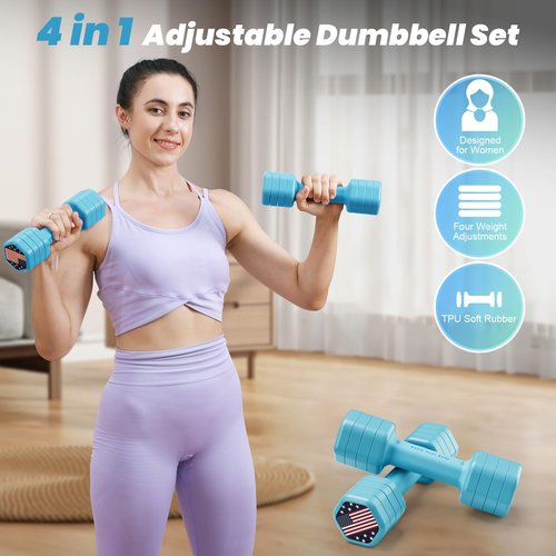 Zempox Adjustable Dumbbell Set of 2, 4 in 1 Hand Weights for Women at Home, 5 lb Weights Dumbbells set of 2, Each 2lb 3lb 4lb 5lb with TPU Soft Rubber Handle for Home Gym Exercise Training, Blue
