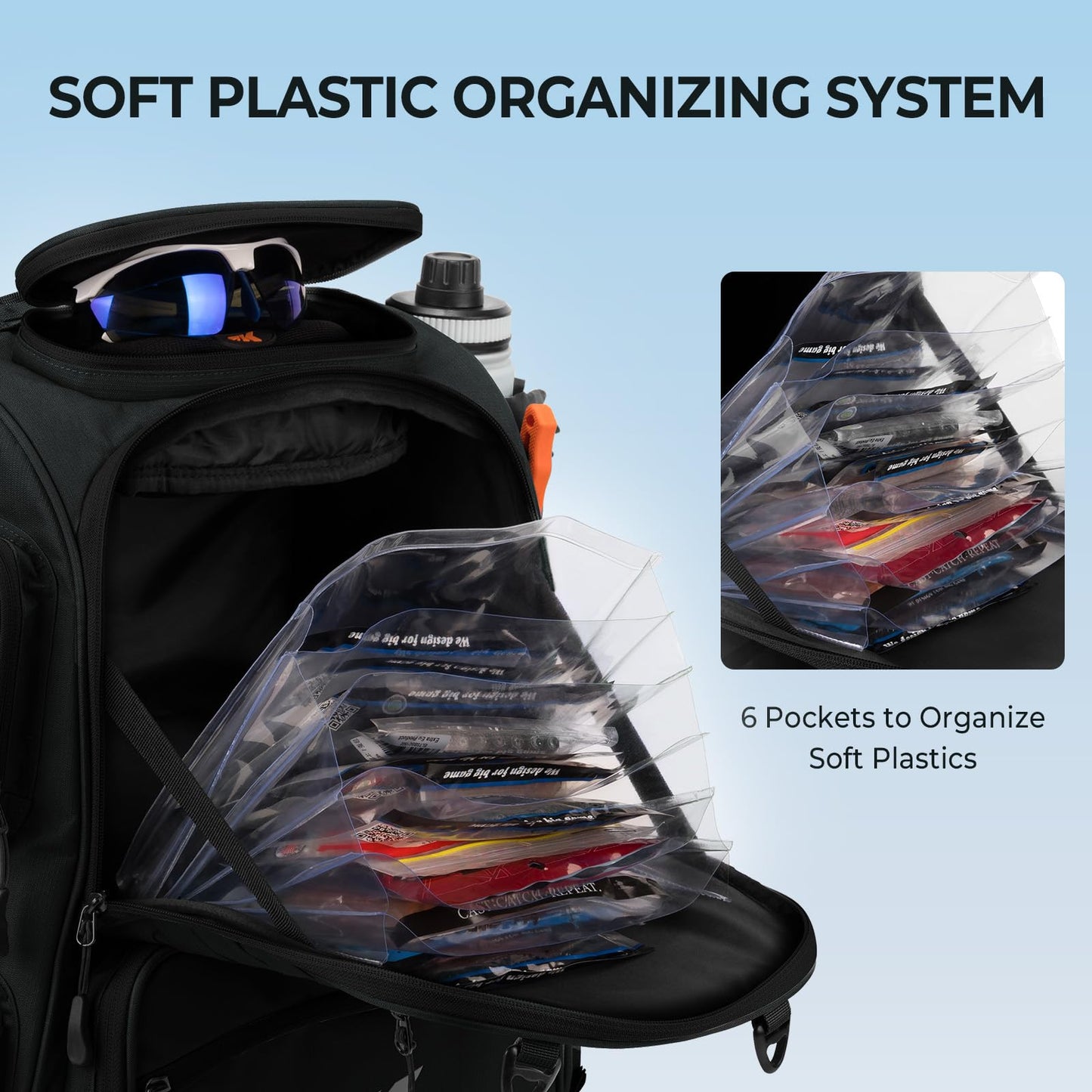 KastKing Bait Boss Pro Fishing Tackle Backpack with Rod Holders, 4 Tackle Boxes, 45L Large Storage Bag for Fishing Gear, Black