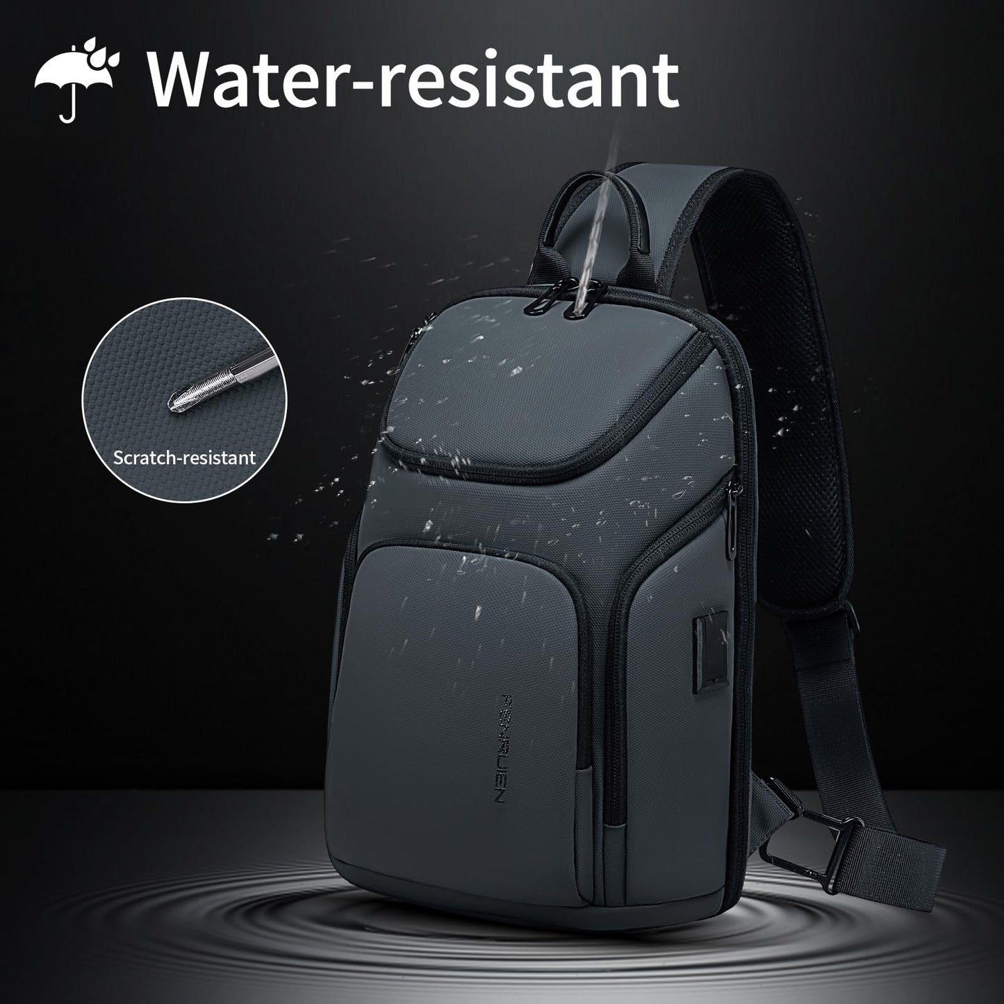 FENRUIEN Grey Sling Bag, Lightweight Crossbody Bag with USB, Sling Backpack Shoulder Chest Pack for Men Casual Rucksack for Daypack/Hiking/Travel/Sports