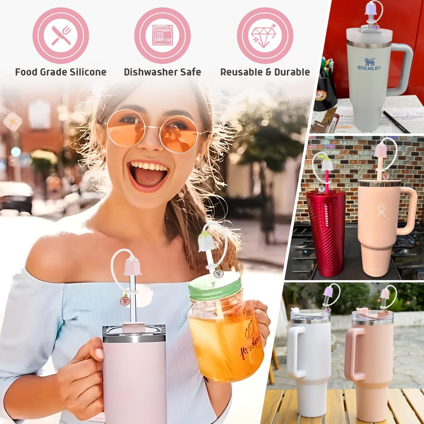 3Pcs Stanley Cup Straw Cover Toppers With Letter Charm, 10mm Silicone Tulip Flower Covers Lid for Stanleys Cups, Water Bottle, Simple Modern, Yeti, Hydroflask, Owala 30 40 oz