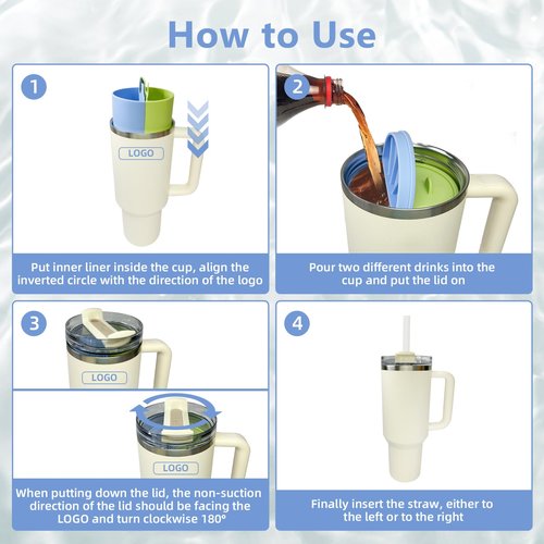 PUDASTO 2-in-1 Drink Separator Silicone Liner fit Stanley Cup 40oz, Inner Section Tray for Stanley Tumbler Accessories, Reusable Cup Divider Two Drinks in One Cup (Green/Blue)