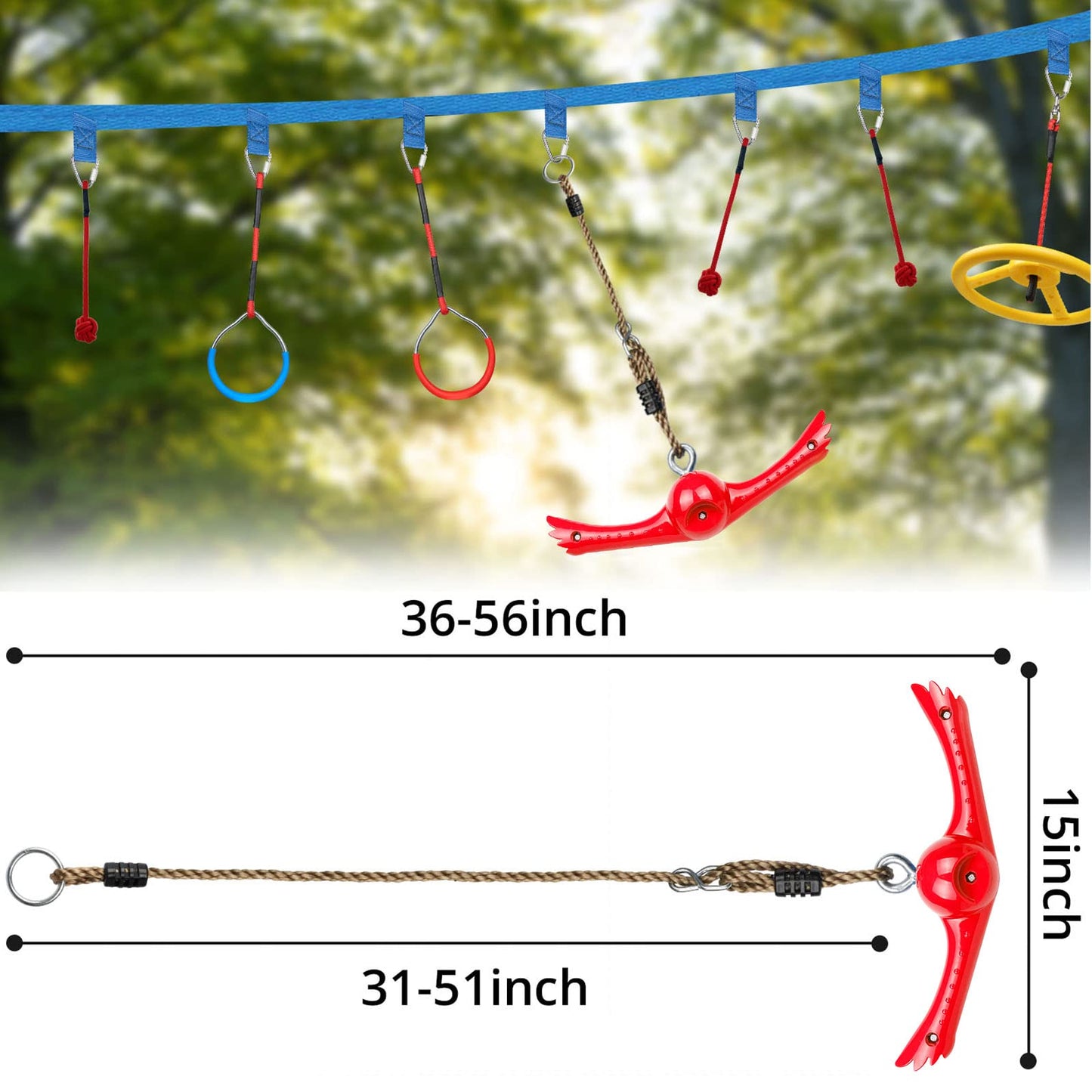 Ninja-Twister Swing Spins Set: Slackline Attachments - 360° Handle Twist-Spin Flips Toy Activate Ninja Powers Warrior Accessories Kids Hang Toys for Playground Backyard, Red