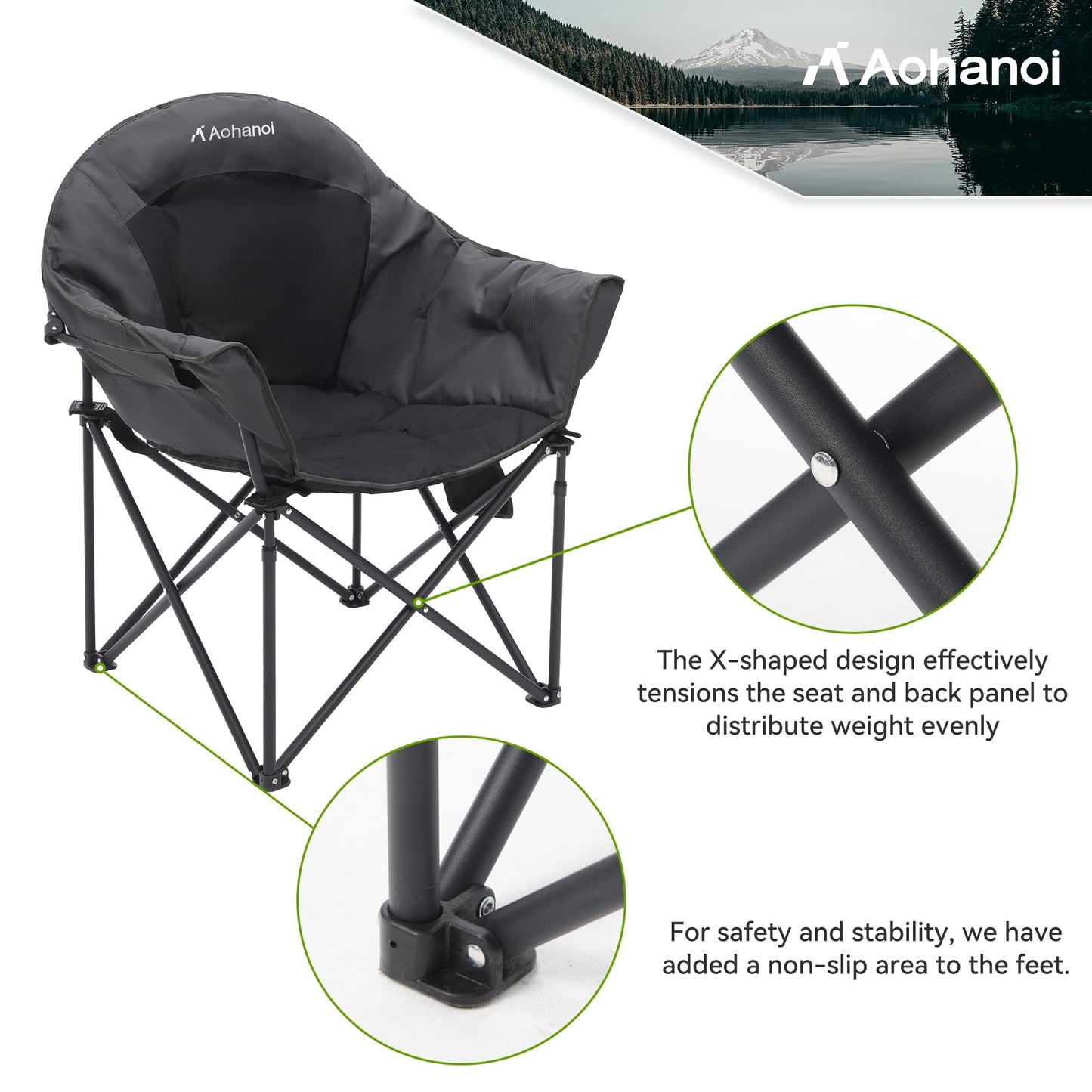 ABSCONDO Camping Chairs, Padded Camp Chairs for Heavy People, Oversize Outdoor Folding Chairs with Adjustable Angled Backrest, Lawn Chairs Folding Supports up to 350lbs