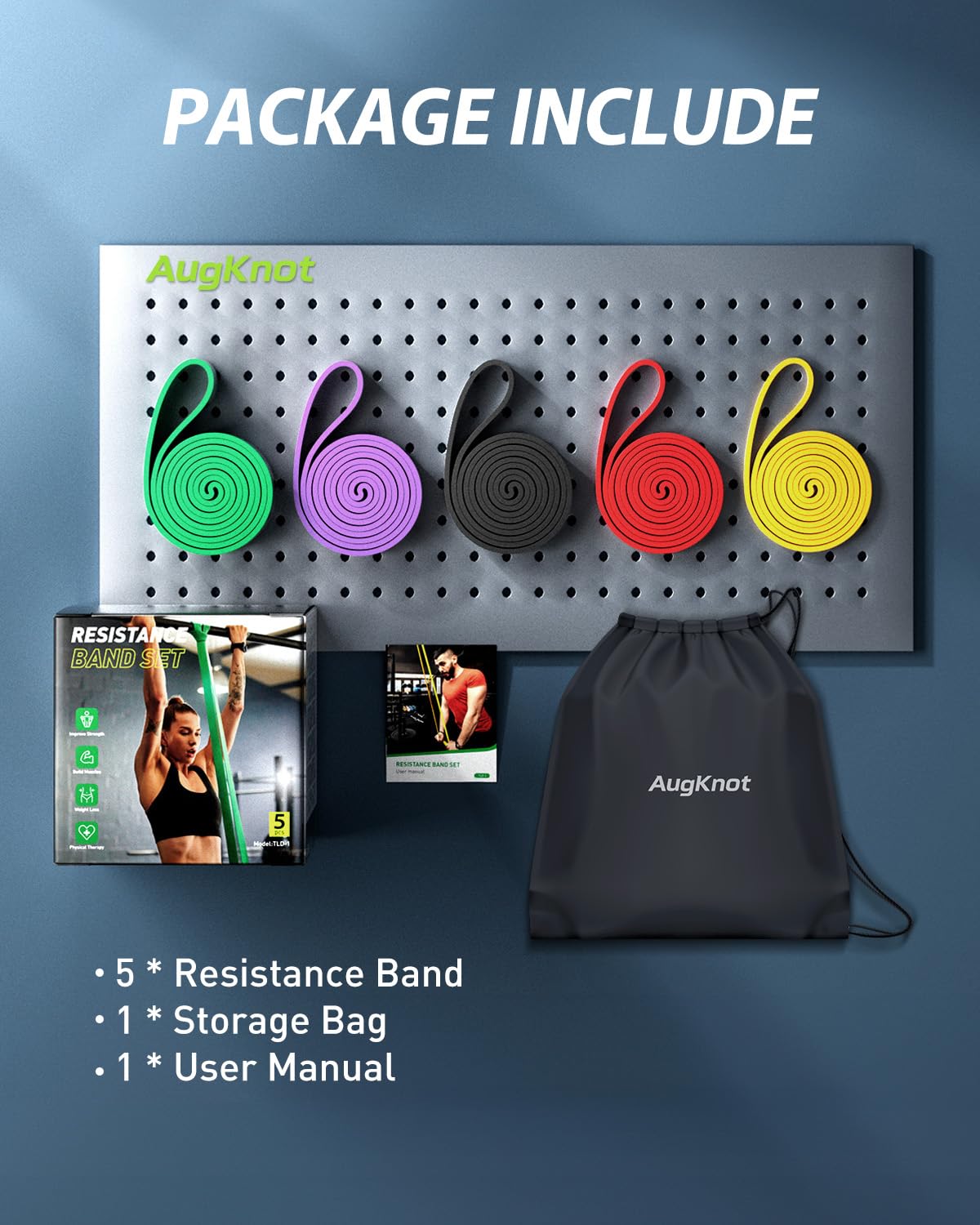 AugKnot Resistance Bands, Pull Up Assist Bands - Workout Bands, Long Resistance Bands Set for Working Out, Fitness, Training, Physical Therapy for Men Women, 5 Resistance Levels