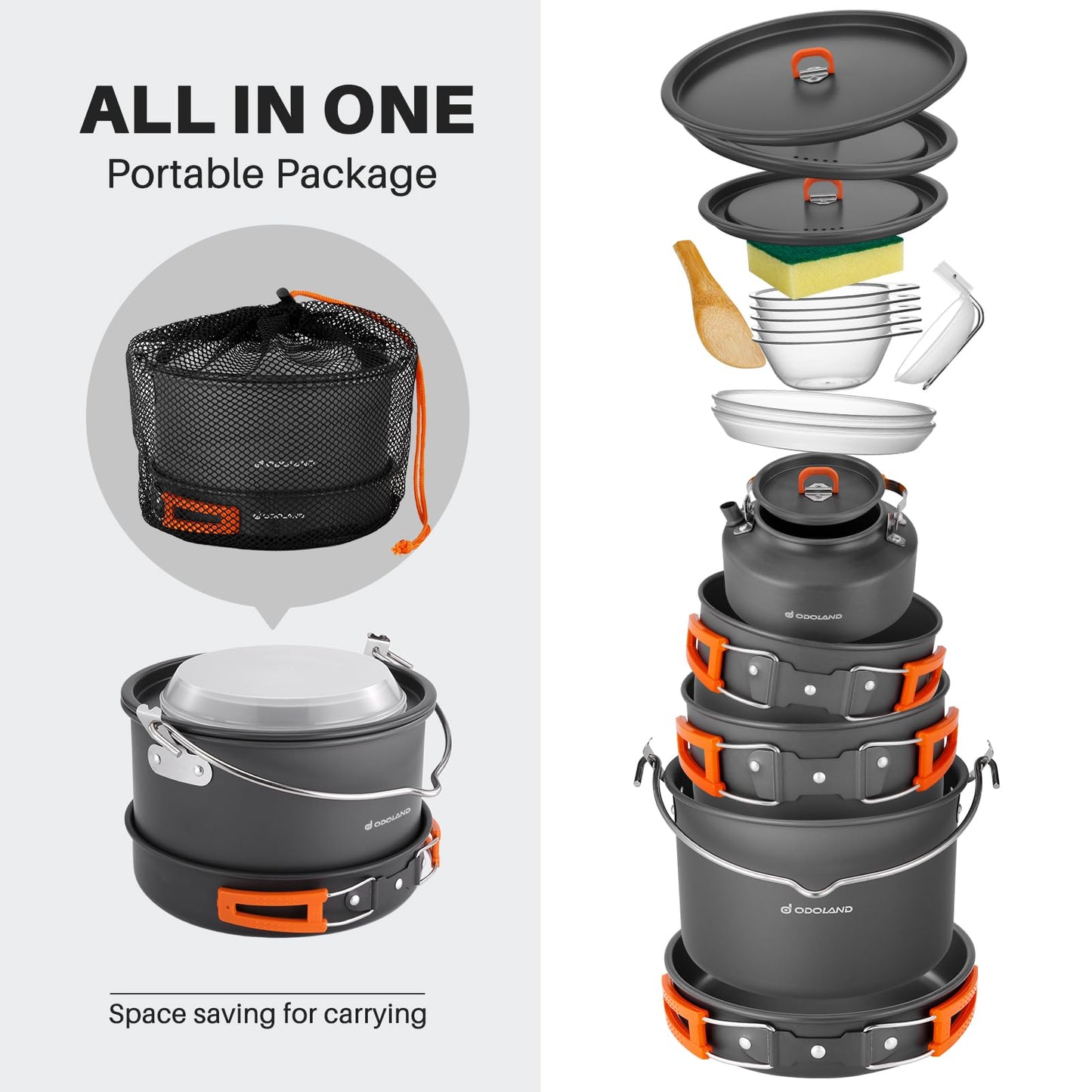 Odoland 18pcs Camping Cookware Large Size Hanging Pot Pan Kettle Set with Plastic Plates Bowls Soup Spoon for Camping, Backpacking, Outdoor Cooking and Picnic