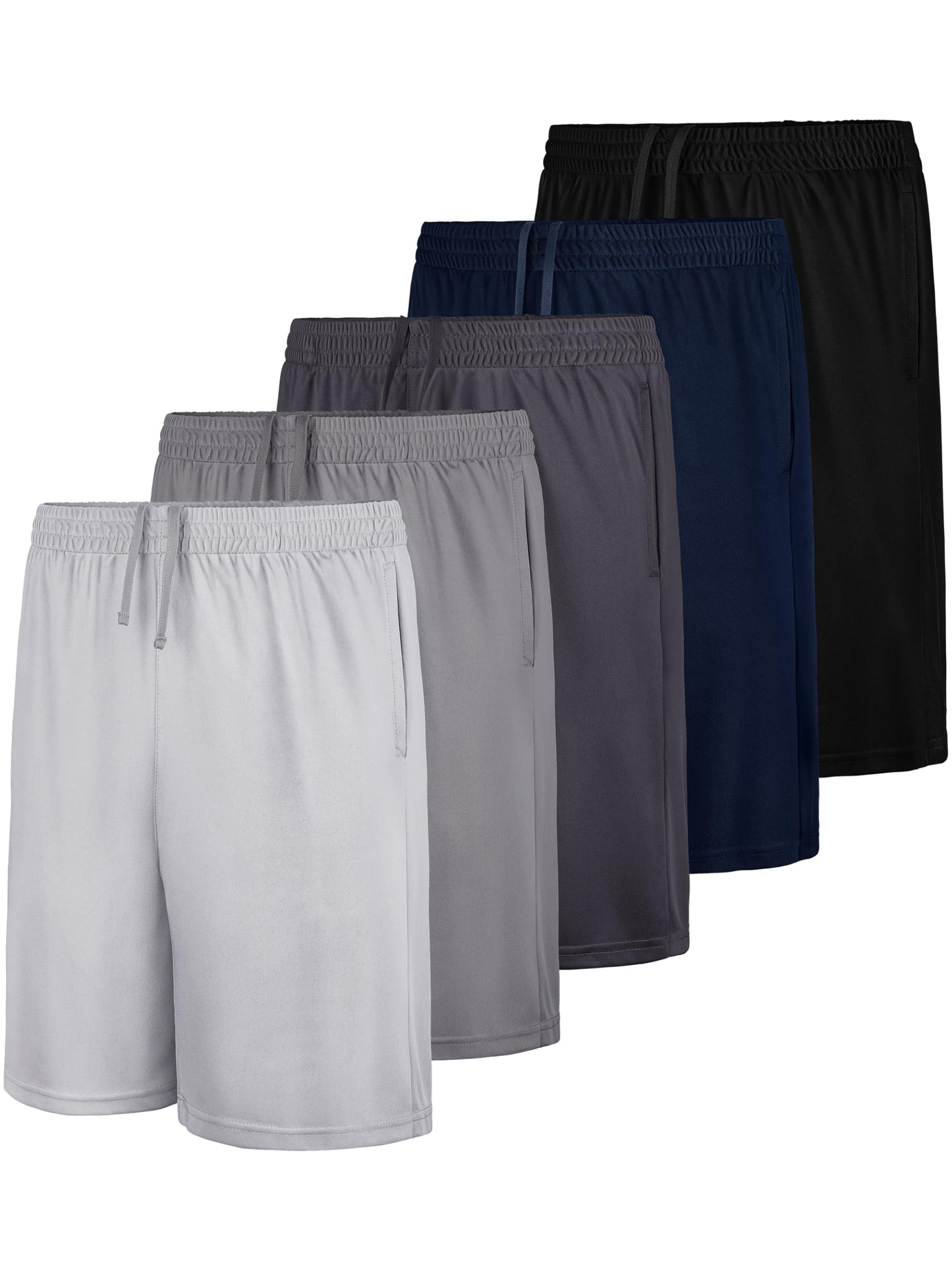 QWE 5-Pack Boys Athletic Shorts with Pockets, Dry-Fit Basketball Soccer Boys Shorts for Youth & Kids Outdoor Set A L