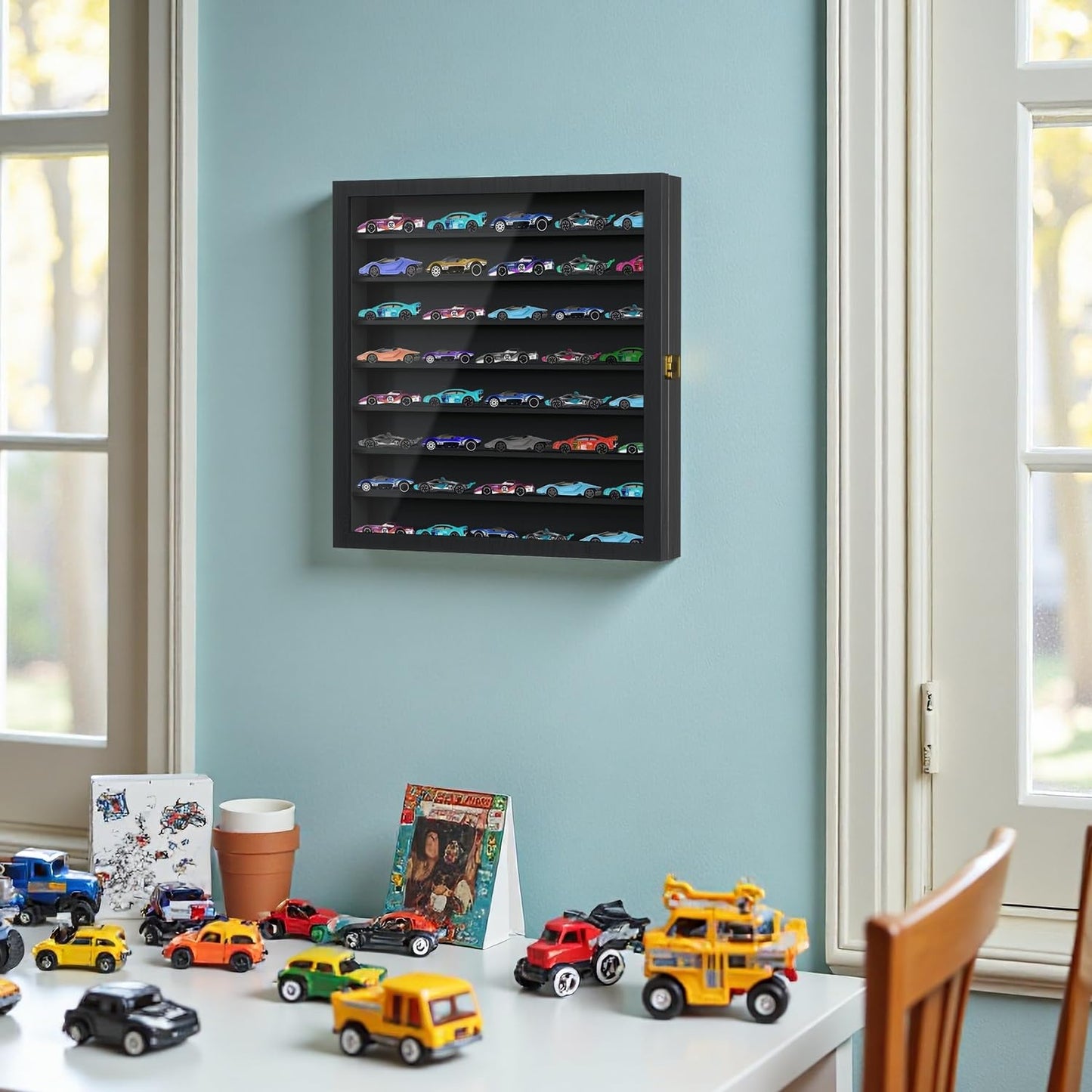 Large Display Case for 1/64 Scale Model Cars, Wall-Mounted or Freestanding Wood Display Cabinet for Hot Wheels, Rocks, Challenge Coins, Mini Toys, Minifigures, UV Protection Shadow Box, Black