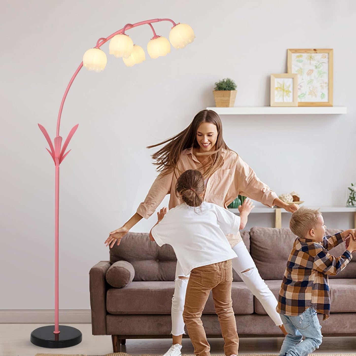 HMVPL Arc Floor Lamp for Living Room, Flower Floor Lamp with 5 G9 LED Bulbs, Foot Switch, Green Floral Standing Lamp with Acrylic Shade, Curved Tall Lamp for Living Room Bedroom Corner Kids Reading
