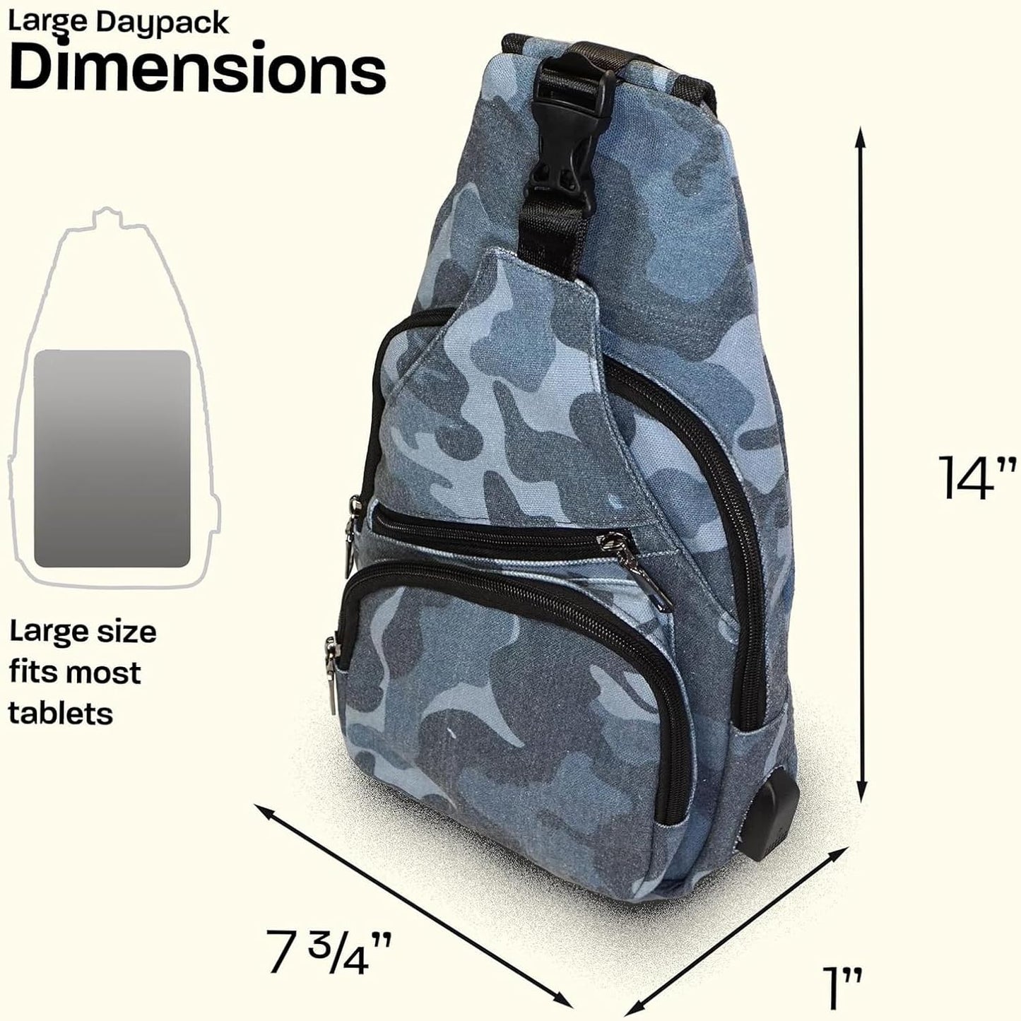 Anti-Theft Daypack Crossbody Sling Backpack, USB Charging Connector Port, Lightweight Day Pack for Travel, Hiking, Everyday, Regular, Black