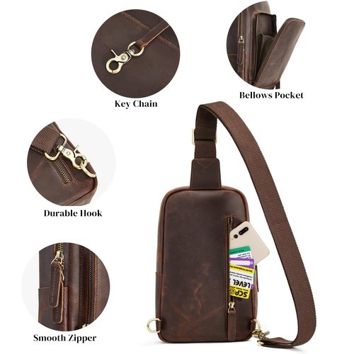 S-ZONE Sling Bag for Men Women RFID Blocking Top Grain Leather Crossbody Shoulder Bag Chest Hiking Daypack Travel