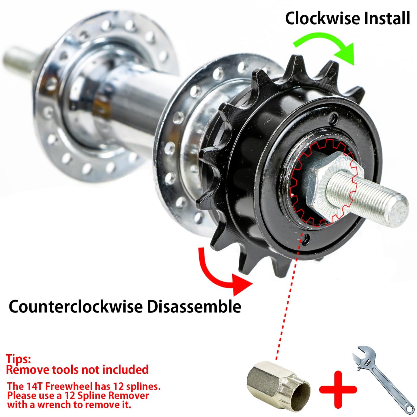 Hycline Single Speed Bike Freewheel: 14T Compatible with 1/2''×1/8'' Bicycle Freewheel - Threaded Type Freehub Replacement Parts (Black)