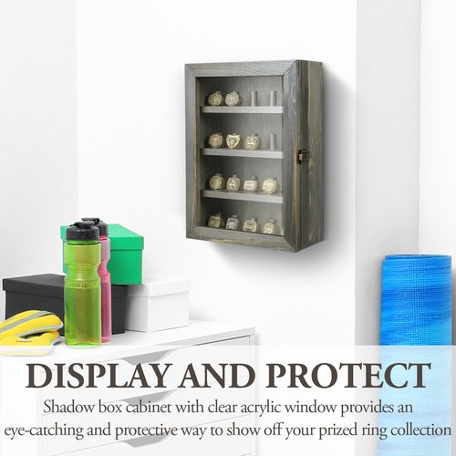 MyGift 20 Ring Display Case, Wall Mounted Vintage Gray Solid Wood Shadow Box Holder for Sports Championship Rings with Metal Clasp and Acrylic Window Panel