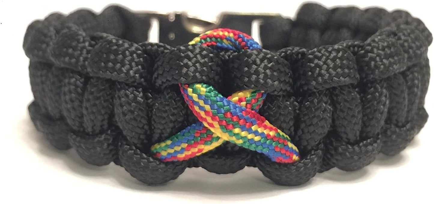 Autism Awareness Ribbon Fitted Black Paracord Jewelry Bracelet