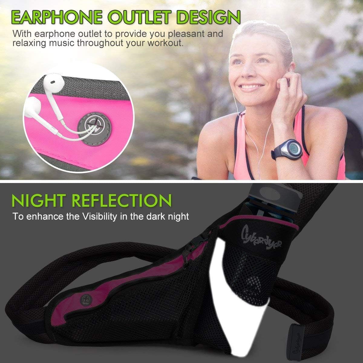 PYFK Running Belt Hydration Waist Pack with Water Bottle Holder for Men Women Waist Pouch Fanny Bag Reflective Fits iPhone 6/7 Plus (Rose)