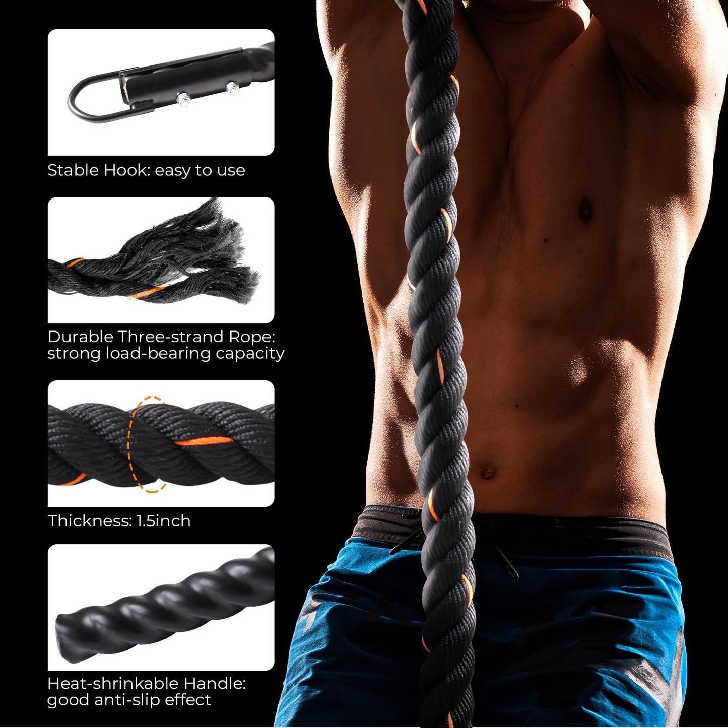 Glitenniy Climbing Rope Black 13.2ft Gym Climbing Rope for Fitness and Strength Training, Rock Climbing and Home Workouts Adult Climbing Rope Kids Outdoor Climbing Rope or Home Indoor Climbing Rope