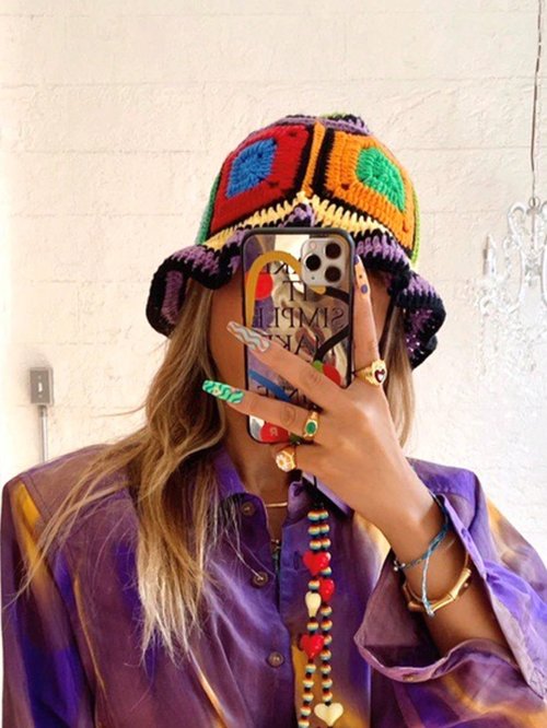 QWINEE Crochet Bucket Hat Colorblock Crochet Straw Hat Foldable Packable Knitted Fishing Hat Boho Daily Life Beach Hat Multicolor One Size