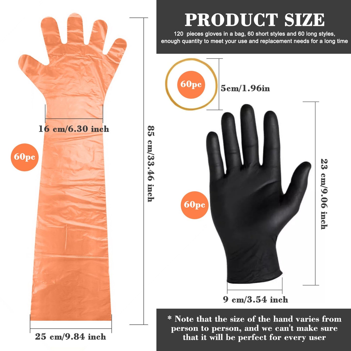 60 Pairs Field Dressing Gloves Deer Gutting Hunting Cleaning Mittens Accessory Kit Include Disposable Arm Gloves and Short Nitrile Gloves Combo with Rubber Bands Black Orange