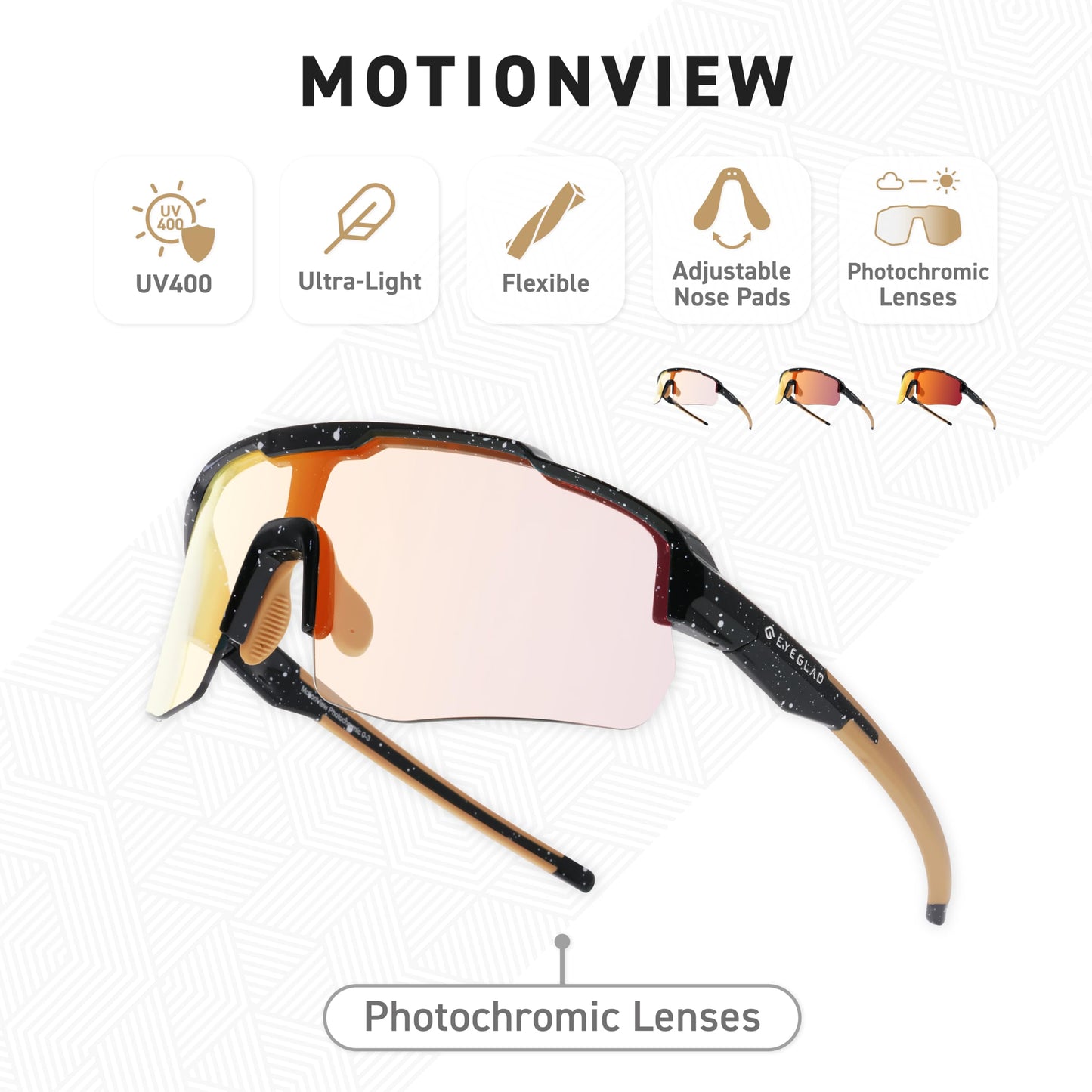 EYEGLAD MOTIONVIEW Sports Photochromic Sunglasses Outdoor UV400 Men Women Cycling Surfing Running Fishing Baseball Softball Sports (Universe Red)