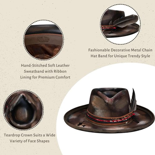 RUEDIGER Pencil Brim Hat Stiff Fedora Men's and Women's Hats,100% Wool Classic Felt Hat,Distressed/Burned Handmade (US, Numeric, 7 5/8, 7 1/4, Brown)