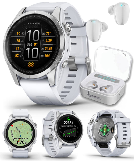 Wearable4U - Garmin epix Pro (Gen 2), 42mm, High Performance Smartwatch, Advanced Training Technology, Built-in Flashlight, Whitestone with White Earbuds Bundle