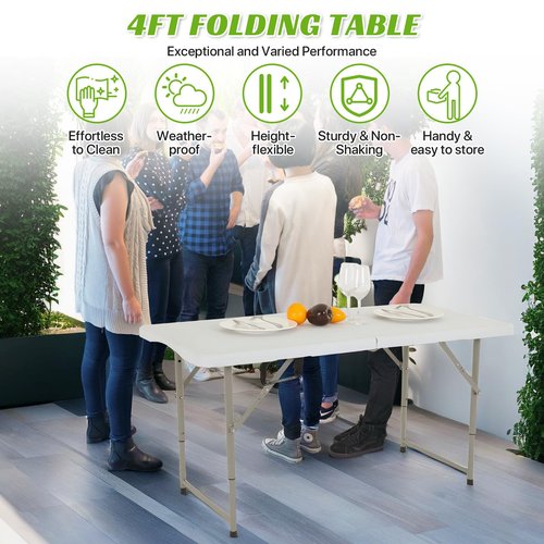 GINMAON 4Ft Foldable Table Adjustable Height with Built-in Handle, 4 Foot Heavy Duty Portable Folding Table with Steel Legs for Indoor Outdoor Camping, Parties, Wedding, Picnic, Catering (4ft, White)
