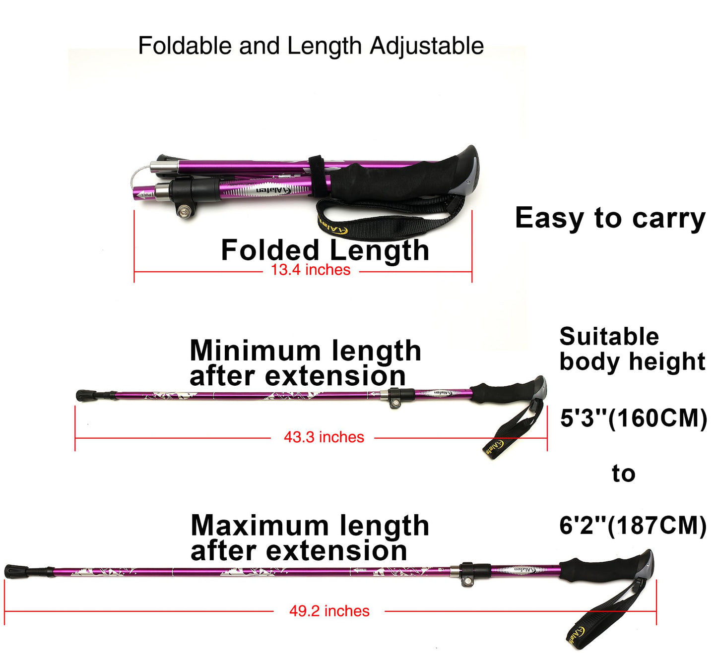 A ALAFEN Aluminum Collapsible Ultralight Travel Trekking Hiking Pole for Men and Women Light Purple 1PC