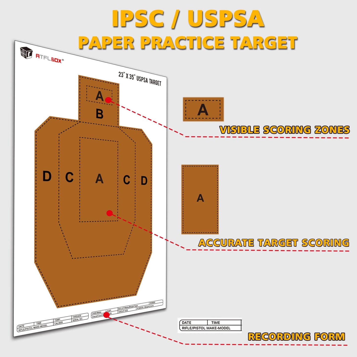 ATFLBOX 23" x 35" IPSC/USPSA Practice Paper Shooting Targets, Competition Torso Target, Paper Silhouette Shooting Target, Suitable for Pistol, Rifle, Handgun, shotgun shooting range training (25 PACK)