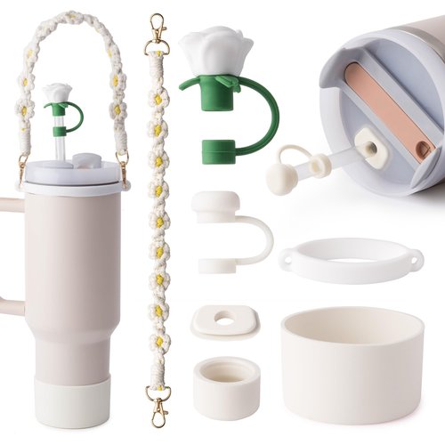 linmaya Stanley Cup Accessories for Stanley Cup 40oz/30oz I Water Bottle Handle Strap, Silicone Cup Boot, Spill-Proof Leak Stopper Set, 2PCS 10mm Straw Toppers for Stanley 40oz/30oz Tumbler