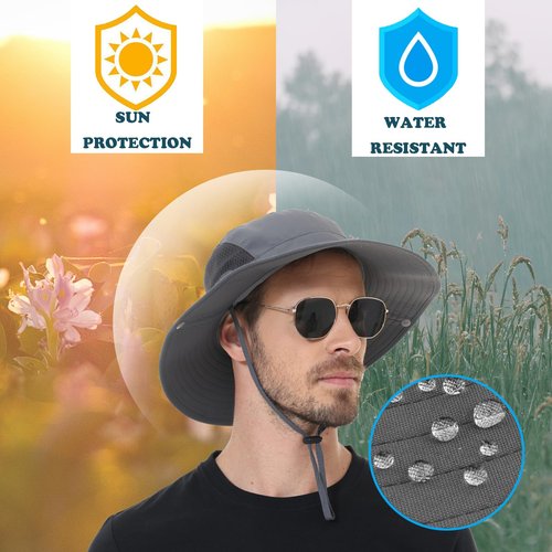 Sun Hat for Men Women UV Protection Wide Brim Fishing Hats Breathable UPF 50+ Waterproof Boonie Bucket Hats Beach Safari Hiking Garden Dark Grey