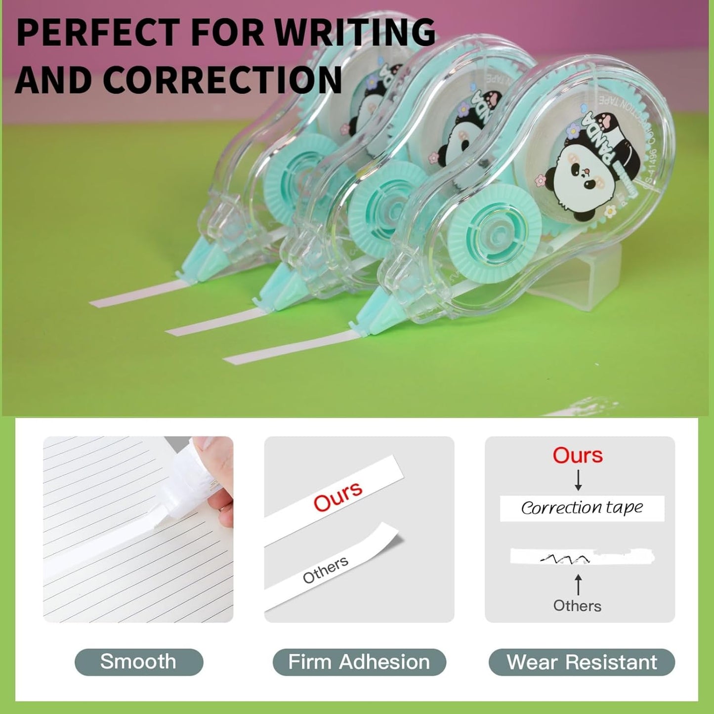 Aesthetic and Cute Gourd-Shaped White Correction Tape, 39.37ft（12m）, 3-Count Pack, Easy to use, Dry Instantly, Clean and Tear-Resistant Tape Office or School Supplies（Cyan）