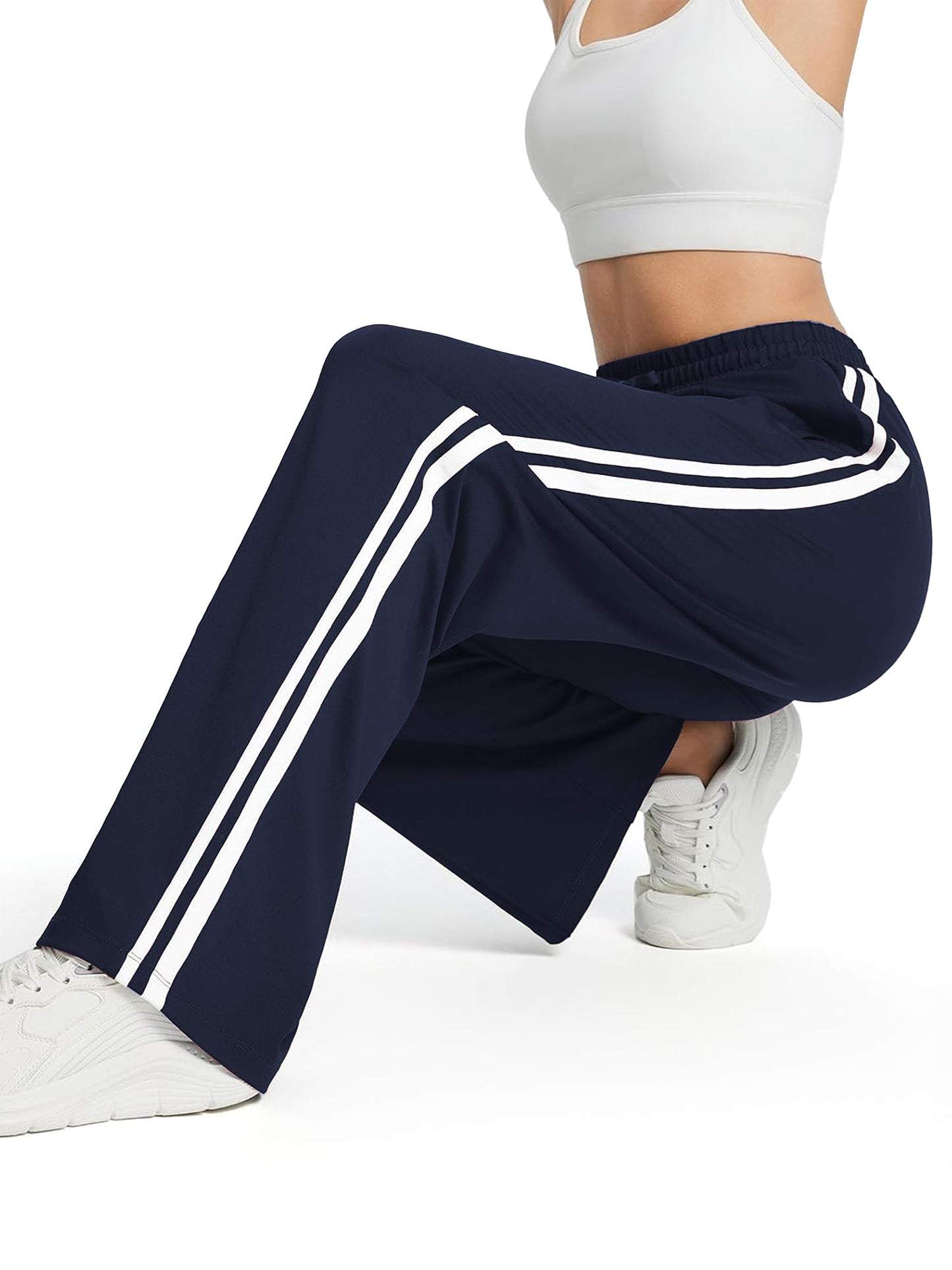 Tapata Extra Tall Woman 36" Inseam Stripes Sweat Pant High Waisted Drawstring Gym Exercise Lounge Joggers, Navy Blue, M