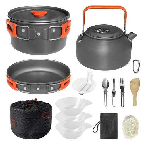 LSOSVSEU 15pcs Camping Cookware, 1.7L Pot, 7inches Pan, 0.8L Kettle Set with Plates Stainless Steel Forks Knives Spoons Camping Cookware Mess Kit for Hiking,Camping,Backpacking,Outdoor Cooking