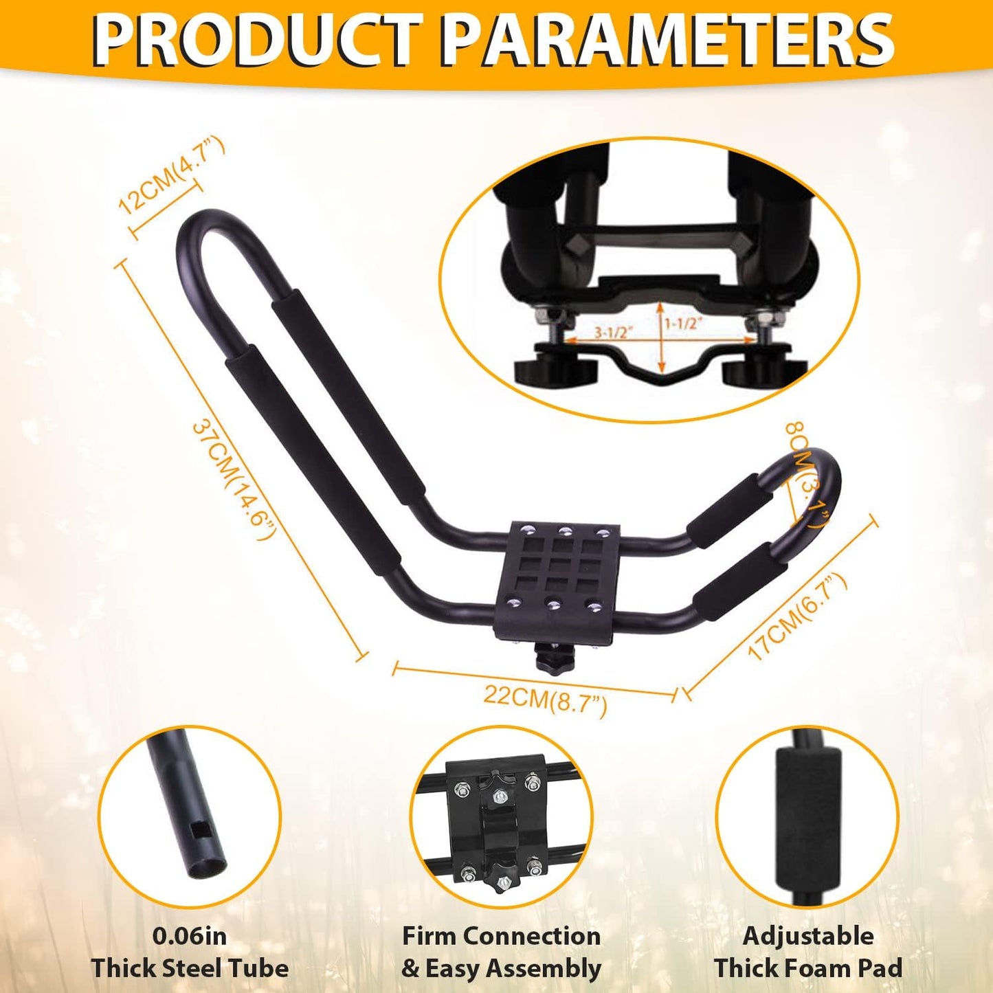 J-Bar Roof Rack Kayak Carrier Holder Boat Canoe Surf Ski Snowboard Holder Mounted on Top Crossbar SUV Truck 2 Pairs Steel