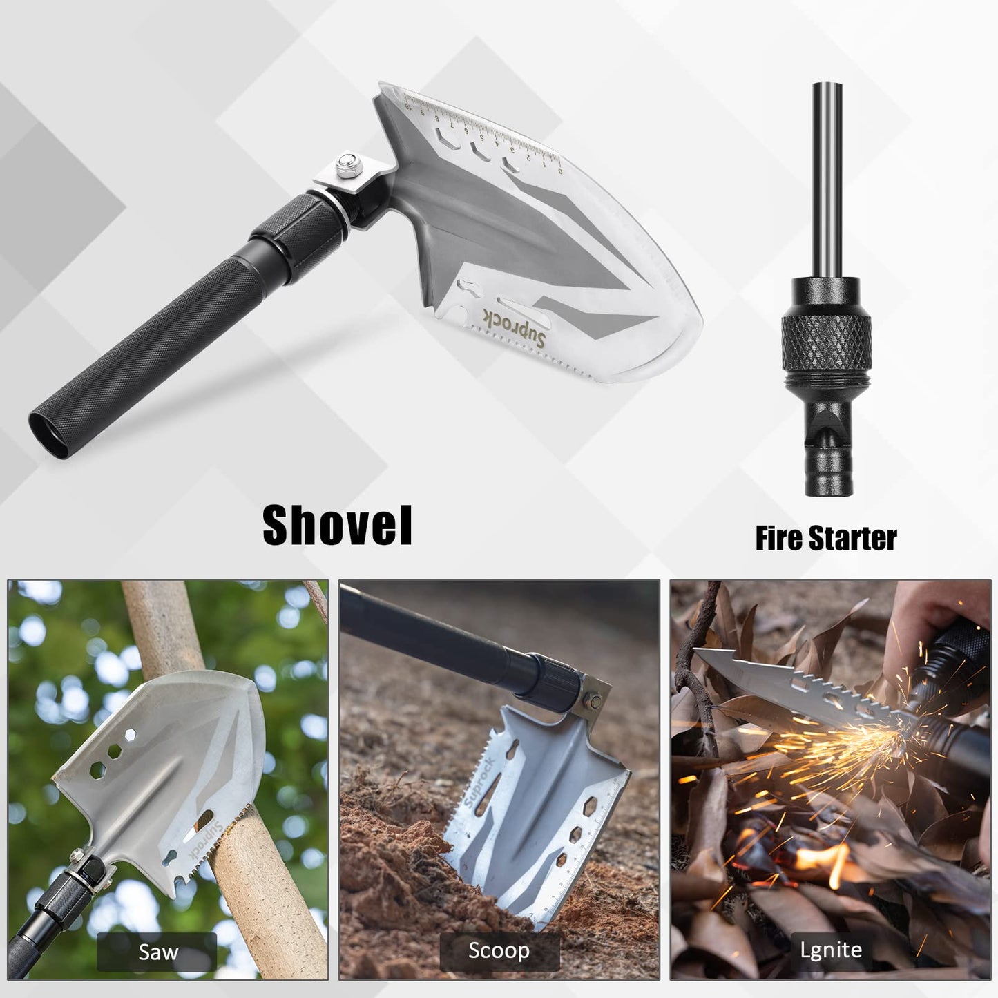 Suprock Survival Shovel High Carbon Steel Tactical Shovel Axe Folding Entrenching Tool Camping Hiking Shovel Carrying Pouch Car Emergency Survival Gear