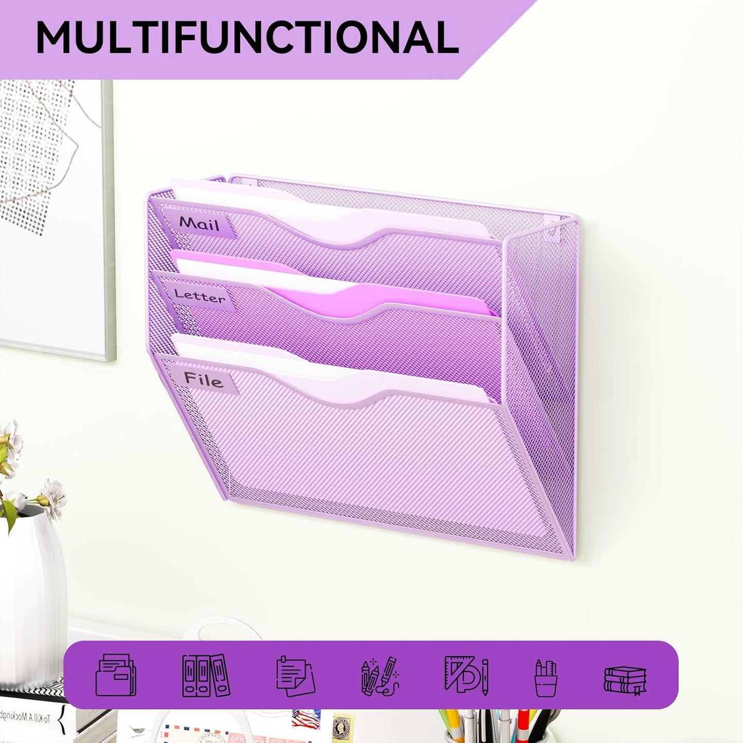 5 Pockets Mesh Hanging Wall File Holder Organizer Wall Mounted Paper Magazine Rack, Black