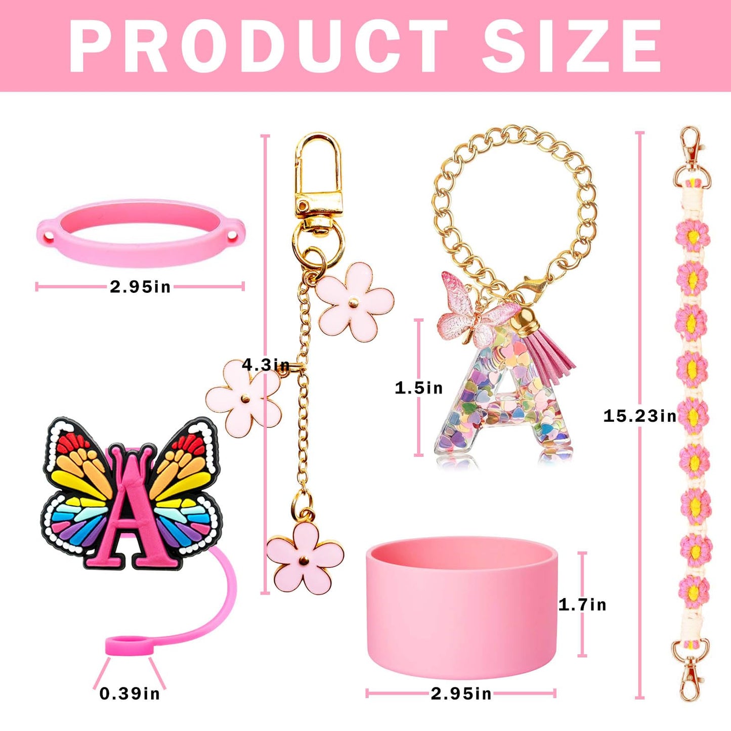 6PCS Cup Accessories Set for Stanley 30oz 40oz, Includes Silicone Initials Straw Cover Cap and Boot, Water Bottle Handle Strap, Rubber Cup Ring, Alphabet Handle Charm, Keychain Charm. (M)