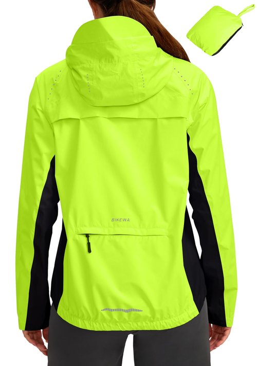 Bikewa Women's Cycling Rain Jackets Waterproof Windbreaker Lightweight Running Windproof Reflective Jacket Packable Hooded(Fluorescent Yellow/Black,M)