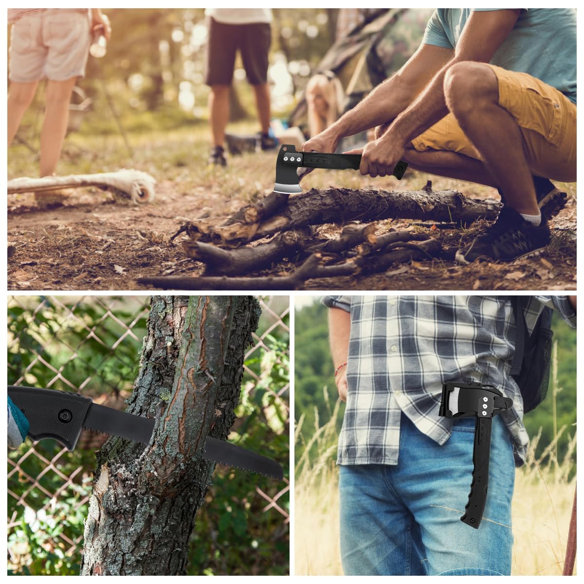 Multifunctional Hammer Head Axe Survival Tactical Tool - Folding Saw, Flintstone Whistle with Axe Sheath - Camping Hatchet for Outdoor Hiking