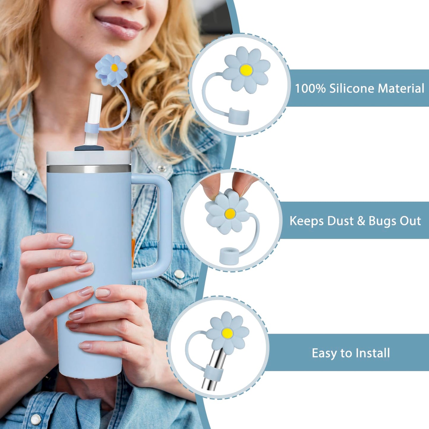 Greant 8 PCS Flower Silicone Straw Cover，Dust Proof Straw Topper for Stanley Cup, 0.4 in Straw Caps fit 10mm Straw for Stanley Adventure Quencher, 4 Colors, STCAP8