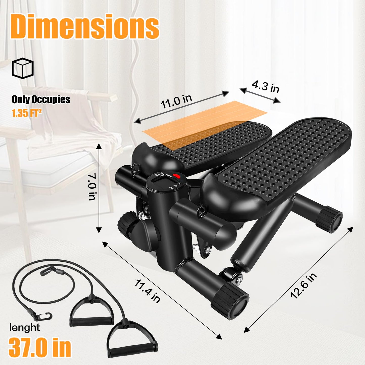 Hydraulic Fitness Stepper with LCD Monitor - Mini Stepper with 300LBS Loading Capacity and Resistance Bands