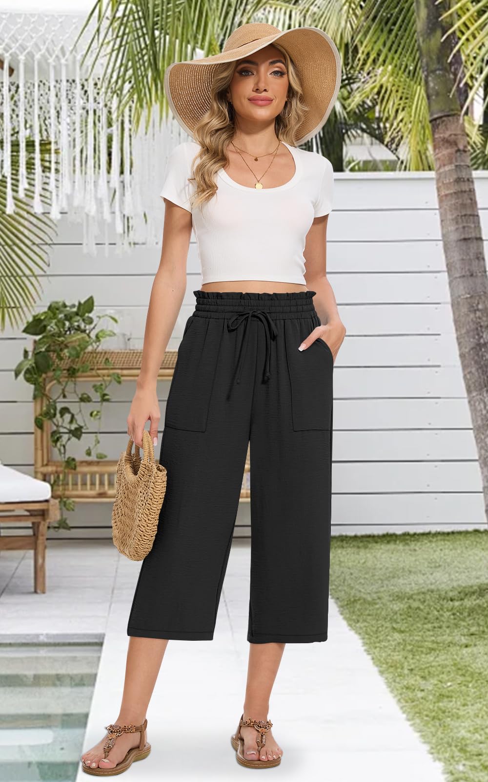 MLXSJ Womens Capri Pants Summer Wide Leg High Waisted Pants Drawstring Casual Trousers with Pockets (Black, XL)
