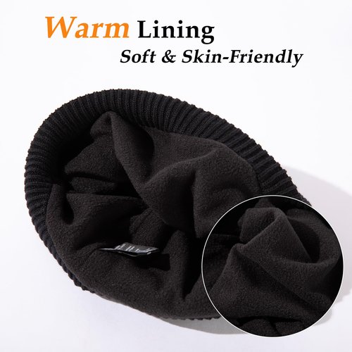 XL Men's Women's Oversize Winter Black Reflective Strips Wool Beanie Waterproof Fleece Lined Knit Cap Hat All-Weather Warm Rain X-Large Extra Large Big Head