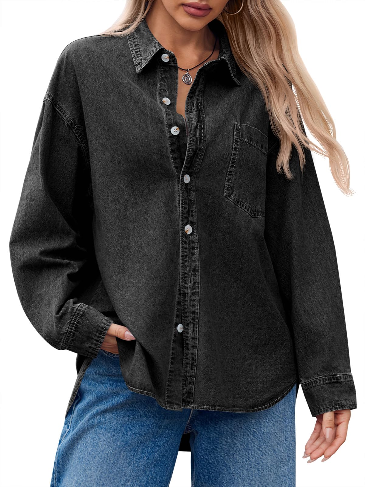 Cicy Bell Womens Oversized Denim Shirt Jean Jacket Button Down Shirts Long Sleeve Tops Trendy Shackets 2026 Spring Fashion Outfits Clothes Black